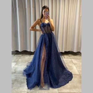 Runway Dresses Sparkly Glitters Tulle Evening Dresses Sparkly Spaghetti Strap Swtheart Illusion A Line with Slit Long Prom Gowns Formal Party T240518