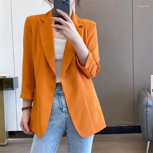 Kvinnors kostymer Summer Thin Women Blazers 2024 Korean Office Lady Gracieful Solid Three Quarter Chiffon Suit Coats Basic Workwear Female Frew