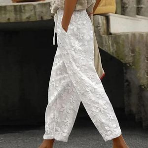 Women's Pants Elegant Loose White Drawstring Straight Trouser Casual Embroidery Cotton Linen Ankle-length Women Elastic Waist Pant 26162