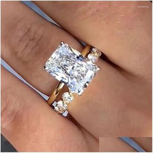 Bröllopsringar Fantastisk strålande snitt Sterling Sier Bridal Set Golden Tone Sparking Created Gemstone Diamonds Engagement Jewelry Gift D DHK2H