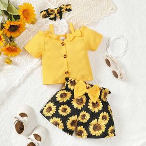 Kläder set baby flicka kläder set fashionabla pendellbåge kortärmad t-shirt+solros tryckta shorts för barnkläder J240518