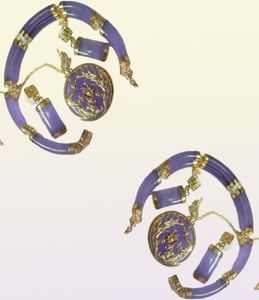 Purple Jade Gold Plated Fortune Dragon Phenix Bracelet Pendant Necklace Earrings1263233