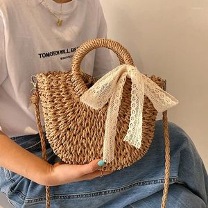 Umhängetaschen Lady Handtasche Rattan Weiden Stroh gewebte halbe Runde große Kapazität weibliche Freizeit-Reisetasche Mode Bolsos