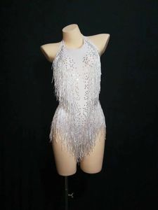 Latinska kvinnor bodysuit sångare vit glittrande strass tassel leotard nattklubb jumpsuit dans ds visa scen slitage stretch outfit 240518