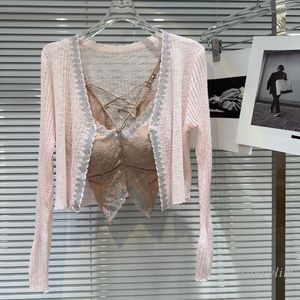 Women's Knits 2024 Summer Rhinestone Sun Protection Thin Cardigan Coat Lace Camisole Two-Piece Sling Top Women Sexy Street Tops