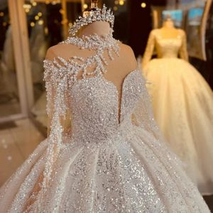 Sparkly Wedding Dress 2024 Ball Gown Glitter Heavy Pearls Beads Long Sleeves Princess Bride Dresses Vestidos De Noiva Customed Arabic Dubai