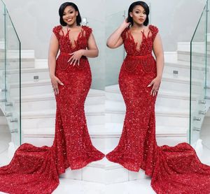 Plus Size Fulllace Aso Ebi Prom Dresses for Special Occasions Mermaid Red Sheer Neck Sequined Lace Backless Formal Dress Evening Dresses for African Black Gir