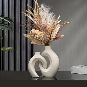 Hollow Nordic Modern Ceramic Vase Set of 2 For Home Decormodern Boho Flower Vases Living Room Bookhelf 240517