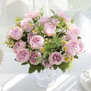 Dekorativa blommor 2st Artificial Flower Silk Rose Water Grass Daisy Bouquet Fake For Wedding Table Party Vase Home Decoration Pink
