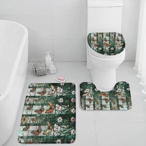 Bath Mats Stained Glass Garden 3Pcs Mat Set Butterfly Flowers Church Colored Painting Art Rug Aesthetic Toilet Lid Cover