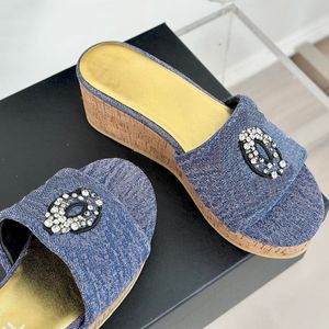 Womens Denim Wedge Platform Heels Sandals Designer Tweed Slippers Slip On Slides Classic Ladies Yellow Purple Blue Pink Outodor Beach Shoe Girls Mules Leisure Shoe