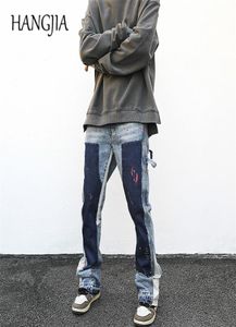 W trudnej sytuacji atrament z atramentem dżinsy miejskie plaster streetwear męski graffiti rozszerzone dżinsy Hip Hop Umyj niebieskie szczupłe spodnie dżinsowe Mężczyźni 23809021