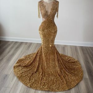 2024 Gold Prom Kleider für schwarze Frauen Illusion Mermaid Long Promdress Paillettenspitzer Spitze Perlen Quasten applizziert Perlen Spitzen Geburtstagskleid Zweite Empfangskleid Am970