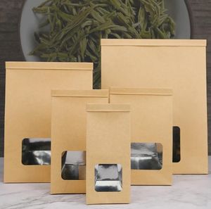 Kraft Paper Aluminum Foil Bags With Clear Window Tin Tie Tab Lock Bags Brown Window Bags Cookie Tea Coffee Bags party Gift Package
