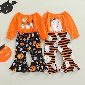 Conjuntos de roupas 1-4 anos Girls Halloween calças definidas com manga longa tampos de estampas fantasmas fora do ombro com roupa casual flare