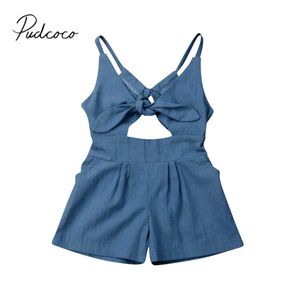 Kleidungssets 2019 Baby Sommerkleidung Kinder Baby Frauen Verband Jumpsuit reiner blauer Bogen Rückenloser Jumpsuit 1-6Y J240518
