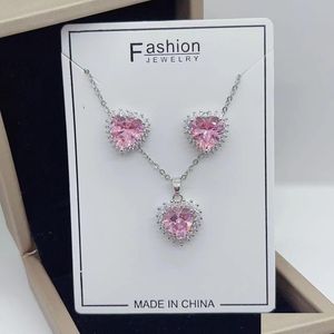 Earrings Necklace Luxury Heart Bride Wedding Jewelry Set Gold Sier Pink Red Cubic Zirconia Stud Pendant Charms For Women Gift Fashi Dh9L7