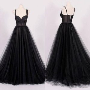 Verkligt prov 2018 Vintage Black Tulle Wedding Dresses With Lace Applique Spaghetti Straps Sweetheart Lace Up Back Bridal Gowns EN1113 3252