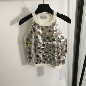 Shiny Sequin Tanks Top Women Knitted Halter Top Night Club Sexy Vest Luxury Knitwear