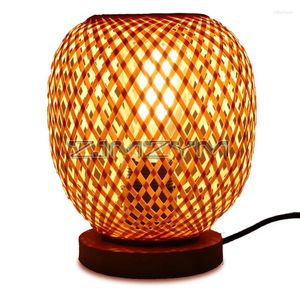 Tischlampen Rattan-Lampen-Plug-In neben Vintage Holz Nachttisch Bambus gewebtes Ende für Schlafzimmer Wohnzimmer