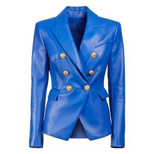 S-3XL High Quality Fashion PU Leather Fabric Double breasted Long Sleeve Slim Fit Womens Suit Coat Blazer 240517