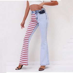Kvinnors jeans Autumn Fashion Womens Asymmetrical Patchwork Chic Flare Female Red Strip Blue Denim Pants Skinny Casual Loose Trousers