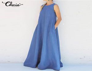 2023 Celmia Women Summer Sleeveless Maxi Long Dress Plus Size Sundress Casual Loose Solid Party Holiday Vestidos Robe Femme 5XL6169094