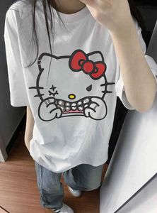 Koreansk version av Hiphop Retro Creative Cartoon Clown Cat Kort ärm T-shirt Kvinnlig sommarlös överdimensionerad topp