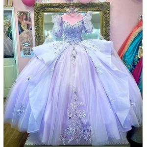 2022 Lilac Half Puff Sleeve Appliques Lace Quinceanera Dress Ball Gown With Cape Off The Shoulder Beading Ruffles Pageant Sweet 15 B070 295E