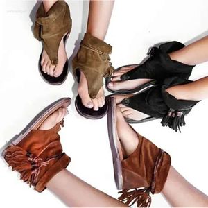 발가락 로마 여성 Peep Sandals 패션 플랫 레트로 스타일 프린지 검투사 캐주얼 드레스 신발 여성 큰 크기 34-41 여름 슬리퍼 587 D 27AD 27A