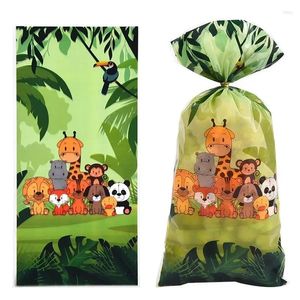 Gift Wrap 10st Forest Animal Transparent Gift Bag Jungle SaFri Cartoon Lion Tiger Candy Happy Kids Wild One Birthday Packaging Påsar