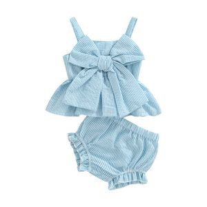 Clothing Sets Baby girl shorts set with striped printed large bow sleeveless sling top+high waisted elastic shorts J240518