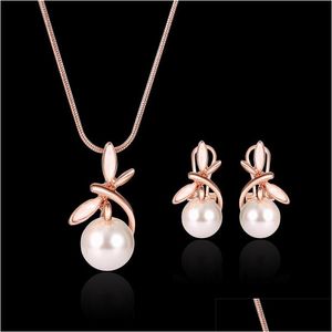 Earrings Necklace Pearl Set For Wedding Party Rose Gold Alloy Jewelry Fashion Trend Women Girls Lady Round Pendant Drop Delivery Set Dhgml