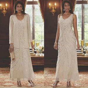 Elegant Mother of the Bride Dresses with Jacket Beading Sequins Wedding Guest Gowns 2020 Ankle Length Plus Size Mother's Dress 202f