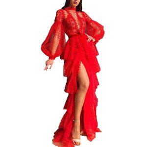 Basic Casual Dresses 2022 Sexy Mesh Long-Sleeved Ball Gown Chinoiserie Red Dress Solid Color High Waist Banquet Evening Wear Office Dhiu4