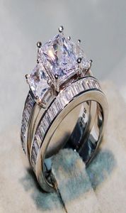 Victoria Wieck Choucong helt nya par 2 st ringar lyxiga smycken 925 Sterling Silver Three Stone Princess Cut Cz Diamond Topaz W2256642