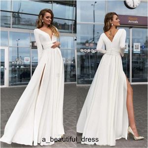 Sexy Long Sleeves Evening Dresses Deep V Neck High Split Floor Length Satin White Ivory Party Dresses Prom Dresses ED1122 2442