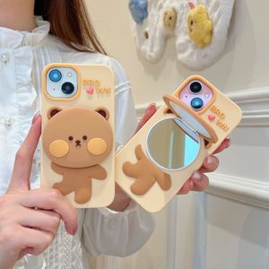 イコレアンかわいい3Dミラースタンドベア携帯電話のシリコンケースiPhone 15 13 14 Pro Max 15Promax Protection Case Kawaii Back Cover 1PC