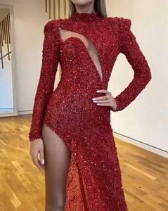 Sukienki na wybiegu luksusowe kobiety czerwona cekinowa sukienka wieczorna seksowna pusta sukienka imprezowa elegancka bodycon gliter podzielona druhna sukienka na balu t240518