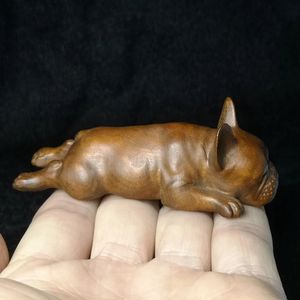 L 85 CM Chinese wood Boxwood Hand Carved Animal French bulldog dog Figure Statue desk Decoration gift Collection 240517