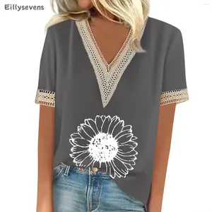 Женские футболки на футболки повседневные топы универсальная рубашка Deep V-образное кружевное ретро-ретро с коротким рукавом Top Sunflower Printed Summer Ropa de Mujer