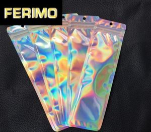 100pcs Holographic Storage Flat Bags Laser Mylar Foil Pouch One Side Clear Reusable Cosmetic Package Bag with Hang Hole28430336993986