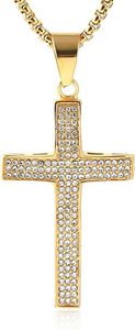 Hzman Mens Iced Out Cross CZ Inlay Pendant 18K Gold Plated Rostly Steel Hip-Hop Necklace