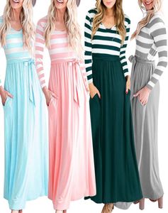Spring Autumn New Women039s Casual Dress Long Sleeve Stripes Pocket Tshirt Long Dress Women039s Loose Maxi Dress S M L XL X7222448