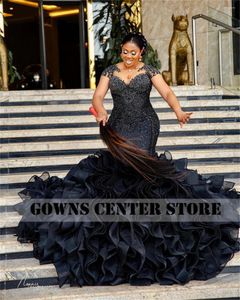 Abiti per feste Black Ruffels Rhinestone in rilievo Aso Ebi sirena serale Plus size Abiti formali africani Nigeria abiti lunghi