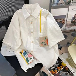 Kvinnors blusar Dayifun-franska korta ärmskjorta för kvinnor vintage unik blomma broderad skarvdesign Löst bf toppar sommar