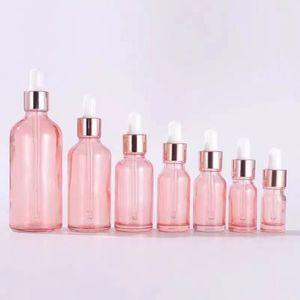 Garrafas de garrafa de garrafa de garrafa de 1 oz garrafas de vidro de rosa 30ml 50ml 100ml com pipetas de vidro Caps dourados garrafas de tintura vazia para óleos essenciais, perfume rosa