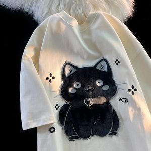 American retro bordando bordando gato algodão de algodão curta camiseta feminina feminina solta fria de nicho de design de moda de design de moda.