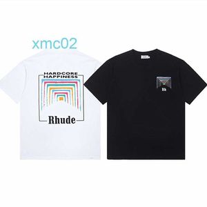 2023 Marca de moda Rhude Micro Rainbow Square Circle Impresso Camiseta de manga curta para homens e mulheres High Street Loose Metade