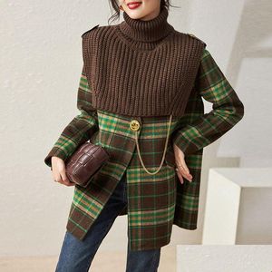 Womens Wool Blends 0C694M31 Autumn And Winter Coat Vintage Plaid Double-Sided Woolen Outerwear Knitted Sleeve Two-Piece Set Drop De Dhqe7